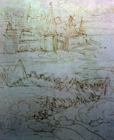 Paisaje con un campamento militar cerca de Smolensk. Bosquejo del fondo al retrato de Peter Ivanovich Bagration.