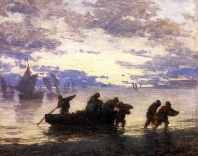 Paisaje costero con barcos de pesca en Normandía.