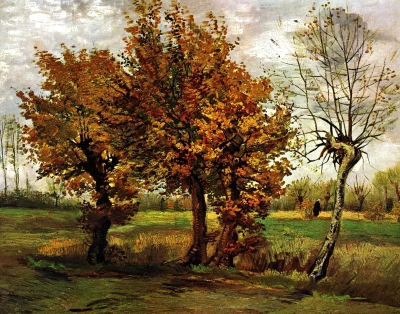 Paisaje de otoño con cuatro árboles.