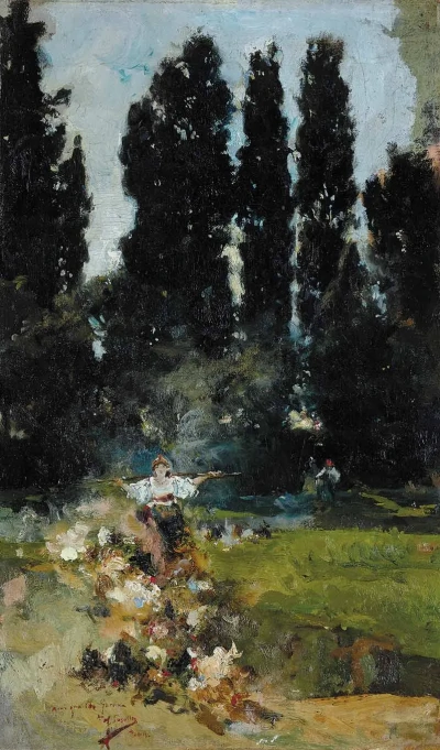 Paisaje en Asís. Campesina con pavos