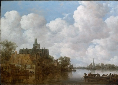 Paisaje fluvial con ferry e iglesia.