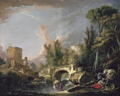 Paisaje fluvial con ruinas y puente.