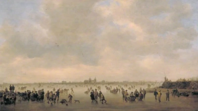 Paisaje invernal con esquiadores cerca del pueblo de 's-Hertogenbosch