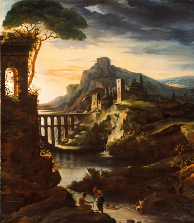 Paisaje nocturno con acueducto.