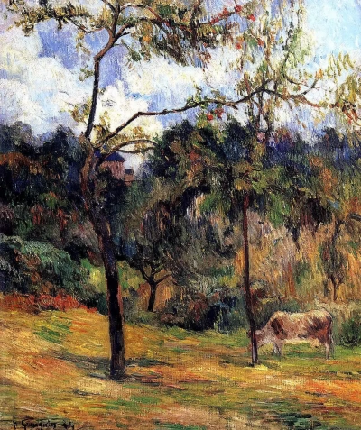 Paisaje normando: una vaca en el prado.