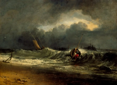 Pescadores en la costa de sotavento en un mar tormentoso