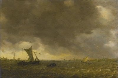 Pescadores rompiendo la vela en un mar tempestuoso