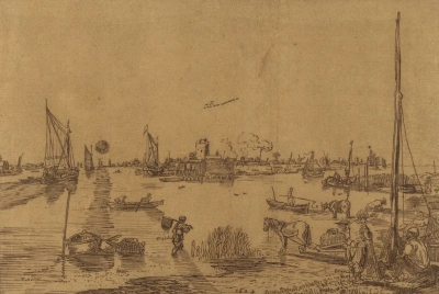 Pescadores y embarcaciones junto al río.