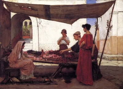 Pétalos de rosa. Mercado de flores griego.