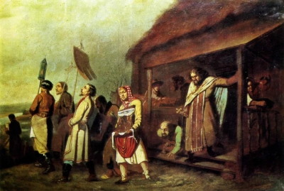 Procesión rural en Semana Santa. Un boceto de la misma imagen.