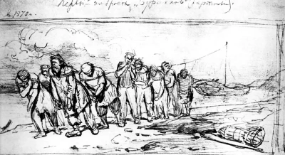 Recolectores de barcazas en el Volga. Boceto