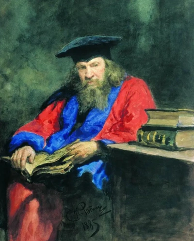 Retrato de D. I. Mendeléyev con la bata de profesor en la Universidad de Edimburgo