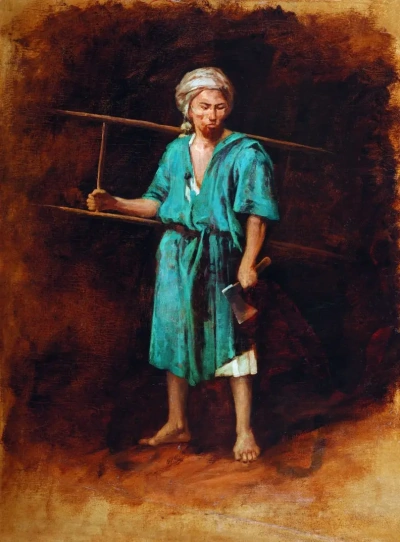 Retrato de un hombre con un hacha y una escalera.