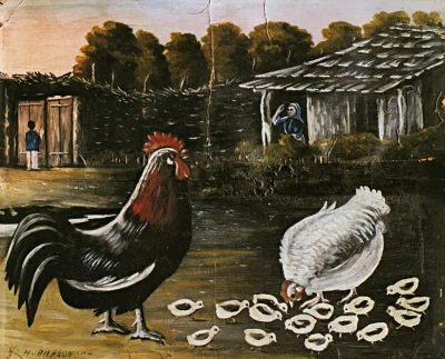Rooster and hen with chickens.
