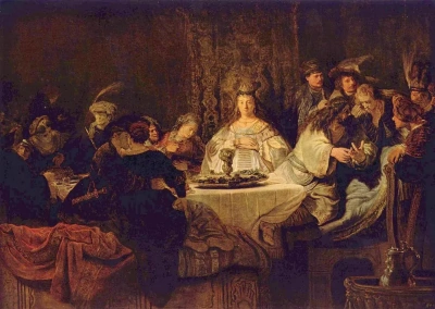 Sansón adivinando el enigma en la mesa nupcial