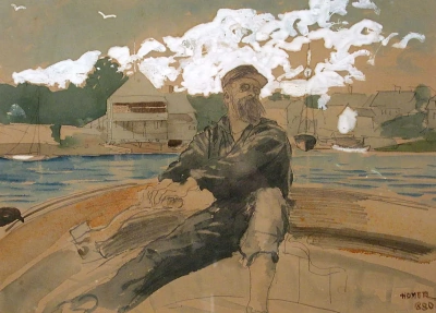 Sr. Marsh en el timón de su velero en Cape Ann.