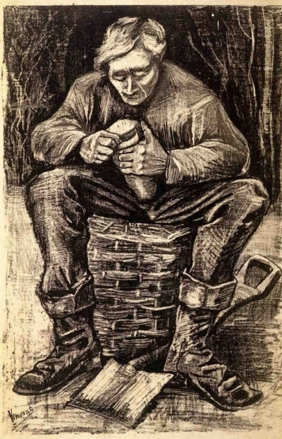 Trabajador sentado en una cesta de corte de pan.