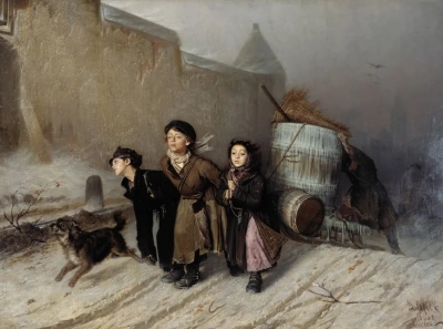 Tres (discípulos de los artesanos llevan agua)