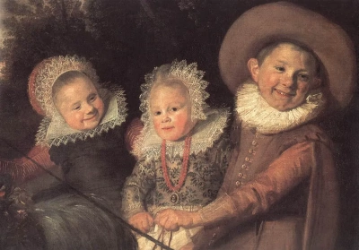Tres niños en un carro tirado por una cabra. Fragmento. Retrato de niños.