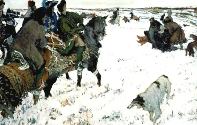 Tsar Pedro I está presente en la caza con perros