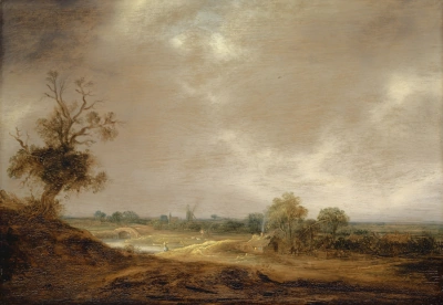 Un paisaje con un río y hacienda.
