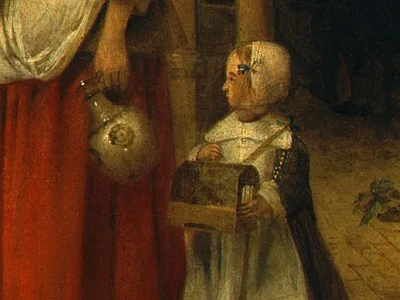 Una mujer con un niño en el patio. Fragmento.