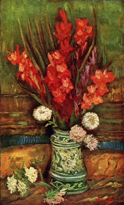 Vase with red gladioli.