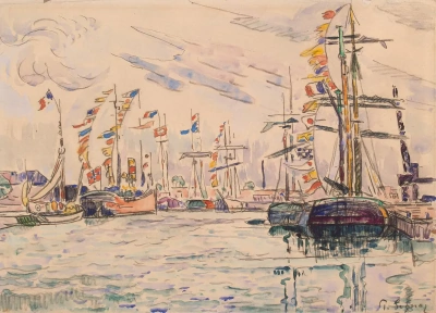 Veleros con banderas de vacaciones en los mástiles en el muelle de Saint-Malo.