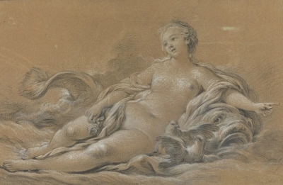 Venus acostada sobre un delfín.