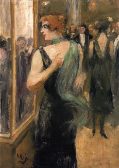 Vestido de noche de dama negra con pañuelo verde.