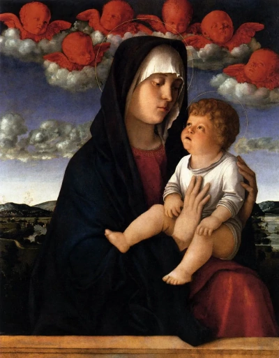 Virgen con querubines rojos