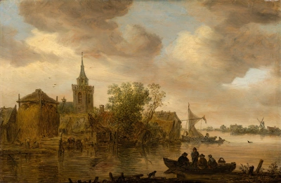 Vista del río con iglesia y granjas
