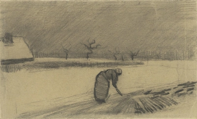 Woman with a Pitchfork in a Winter Landscape